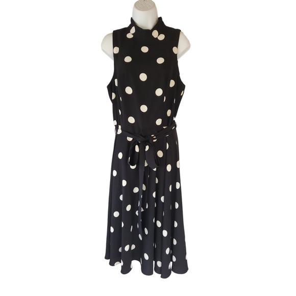 SLNY SL Fashions NY Polka Dot Belted Sleeveless Midi Dress 12 - Picture 3 of 5